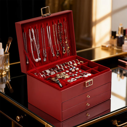 Greenfeather Jewelry Boxes for Women, Jewelry Organizer Box with Lid 3 Layers for Necklaces Rings Earrings and Bracelets Box to Store Jewelry Red Ideal Gifts