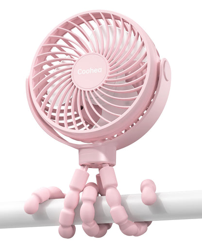 Coohea Stroller Fan Clip on for Baby, 4000mAh Rechargeable Battery Operated, Flexible Tripod, 3 Wind Speed, 360° Rotatable, Small Portable Fan for Car Seat Crib Backseat Beach Travel Camping, Pink