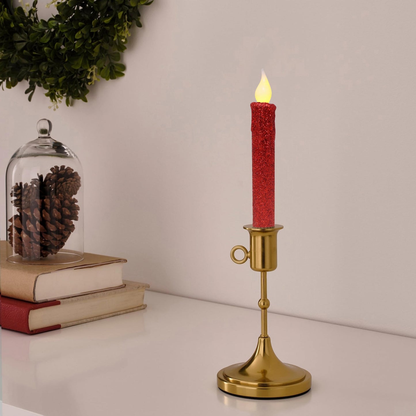 CVHOMEDECO. Glitter Flameless Candles Flickering Battery Operated LED Taper Candles with Timer for Home, Wedding, Halloween, Christmas Decor. Red, 6-3/4 Inch, Set of 2