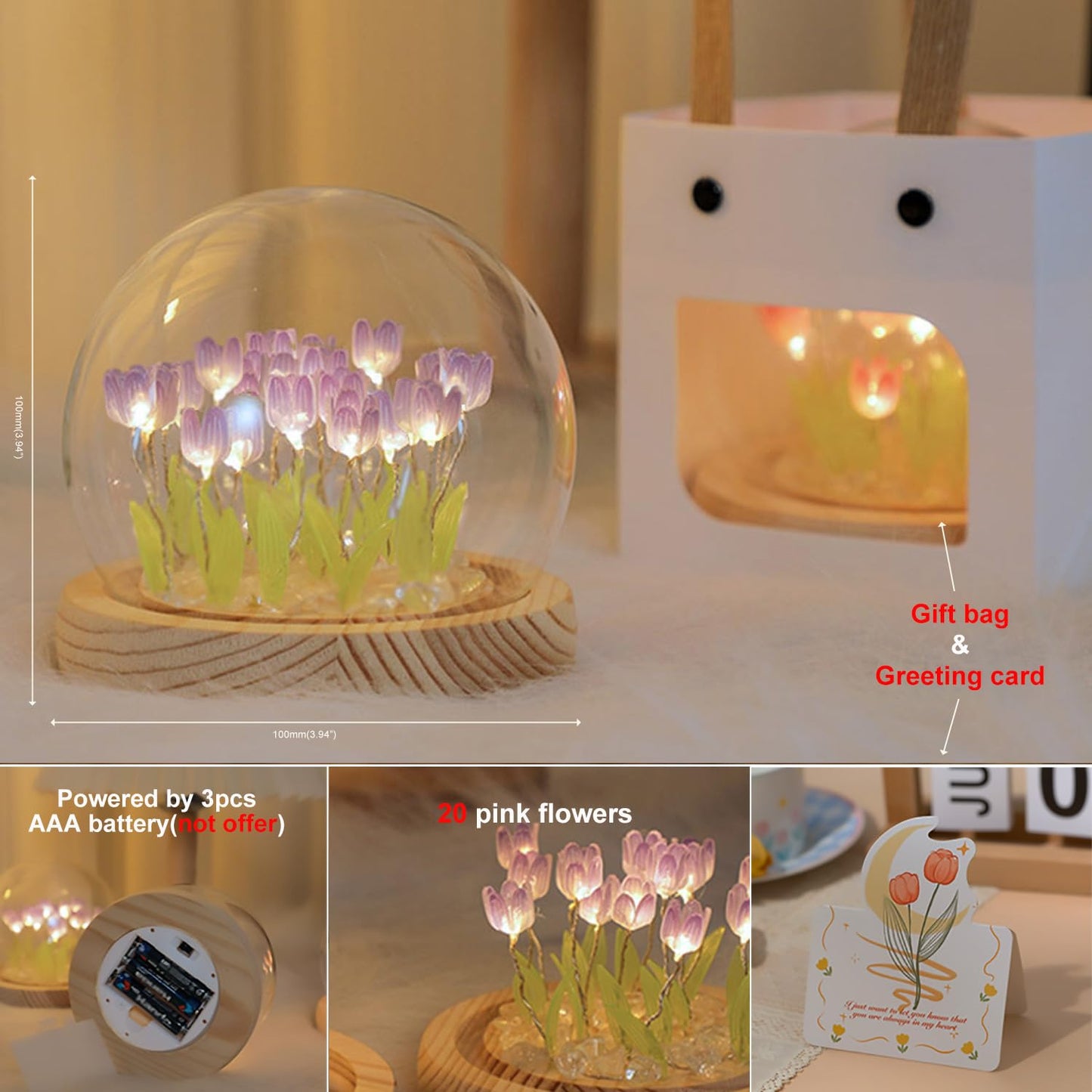 (20 Flower) Assembled Tulip Lamp Night Light with Glass Dome, Cool Handmade Artificial Flower Table Lamp Bedroom Desk Decoration for Women Girlfriend Sister Besties Birthday Christmas Gift (Purple)