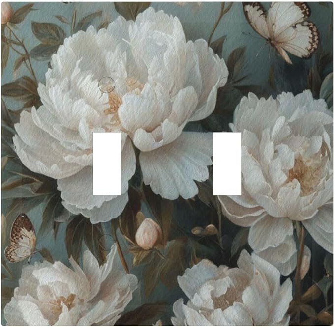 Decorative Art Light Switch Covers Butterflies & Peonies 2 Gang Double Toggle Wall Plate Decorative Switchcover Electrical Switchplate for Home Decor