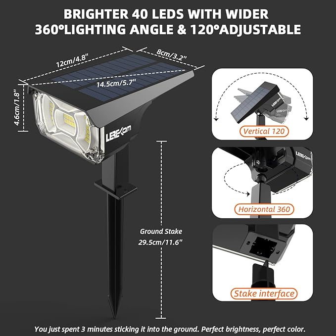 Solar Lights Outdoor Waterproof Landscape Lights, 40 LEDs Solar Spot Light Outdoor Spotlights with 3 Light Modes, USB & Solar Powered Garden Yard Wall Lights Auto On/Off for Patio 6 Pack