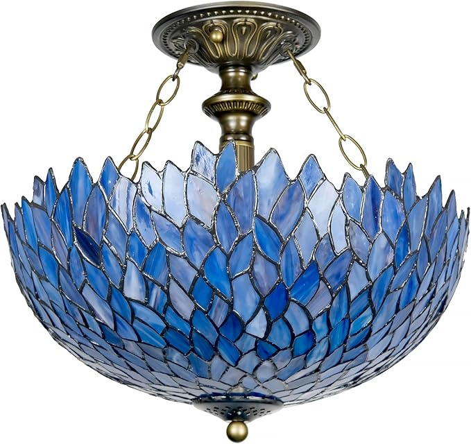 Tiffany Ceiling Light Fixture Deep Blue Purple Wisteria Stained Glass Semi Flush Mount Lamp Wide 16 Inch Height 15 Inch Tiffany Ceiling Lamp (Blue)