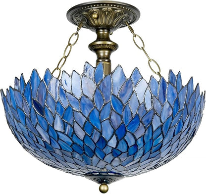 Tiffany Ceiling Light Fixture Deep Blue Purple Wisteria Stained Glass Semi Flush Mount Lamp Wide 16 Inch Height 15 Inch Tiffany Ceiling Lamp (Blue)