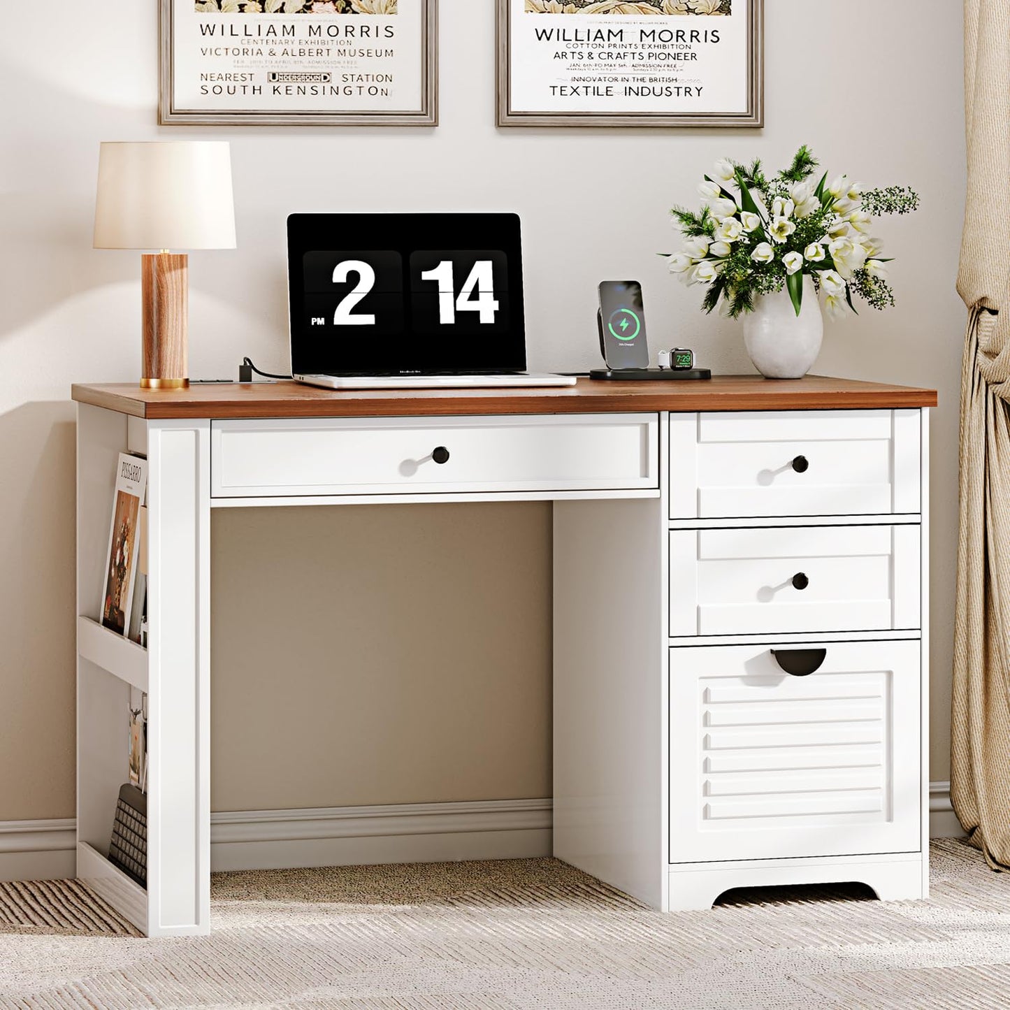 Ieejdn 47" Home Office Desks, Executive Desk, Farmhouse Computer Desk with Drawers and Charging Station, File Drawer, Storage Cabinet, Rustic Computer Writing Desk,Antique White