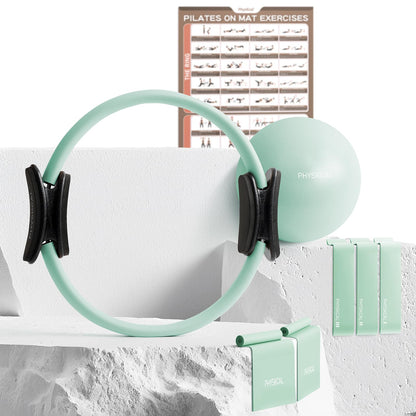 PhysKcal Pilates Ring Set, 15-Inch Magic Circle with 1x Core Ball, 3X Resistant Loop and 2X Flex Band, Mat Pilates at Home Essential Kit (Soft Mint)