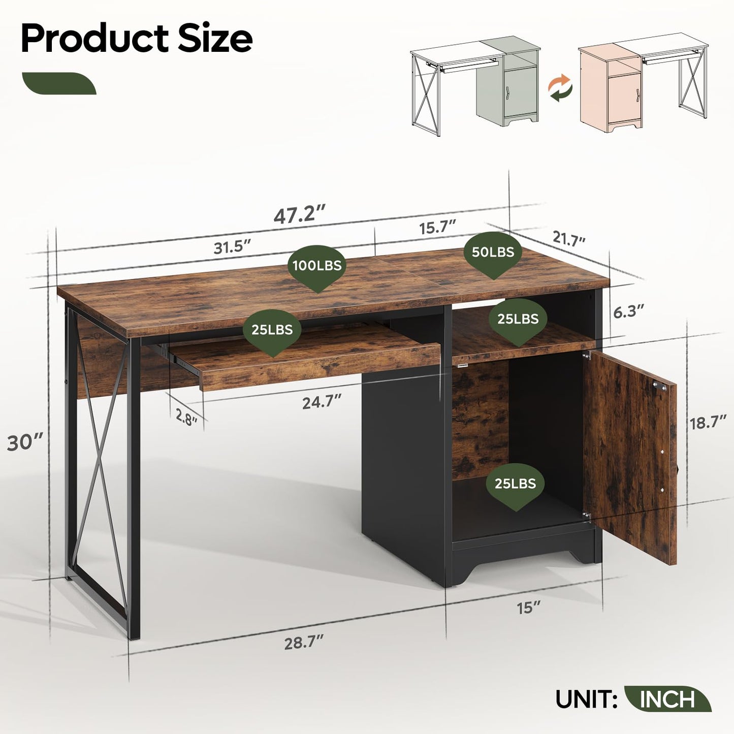 Bestier Office Desk with Keyboard Tray, 47 inch Industrial Computer Desk with Storage, Reversible Executive Desk with File Cabinet for Home Office Bedroom, Rustic Brown