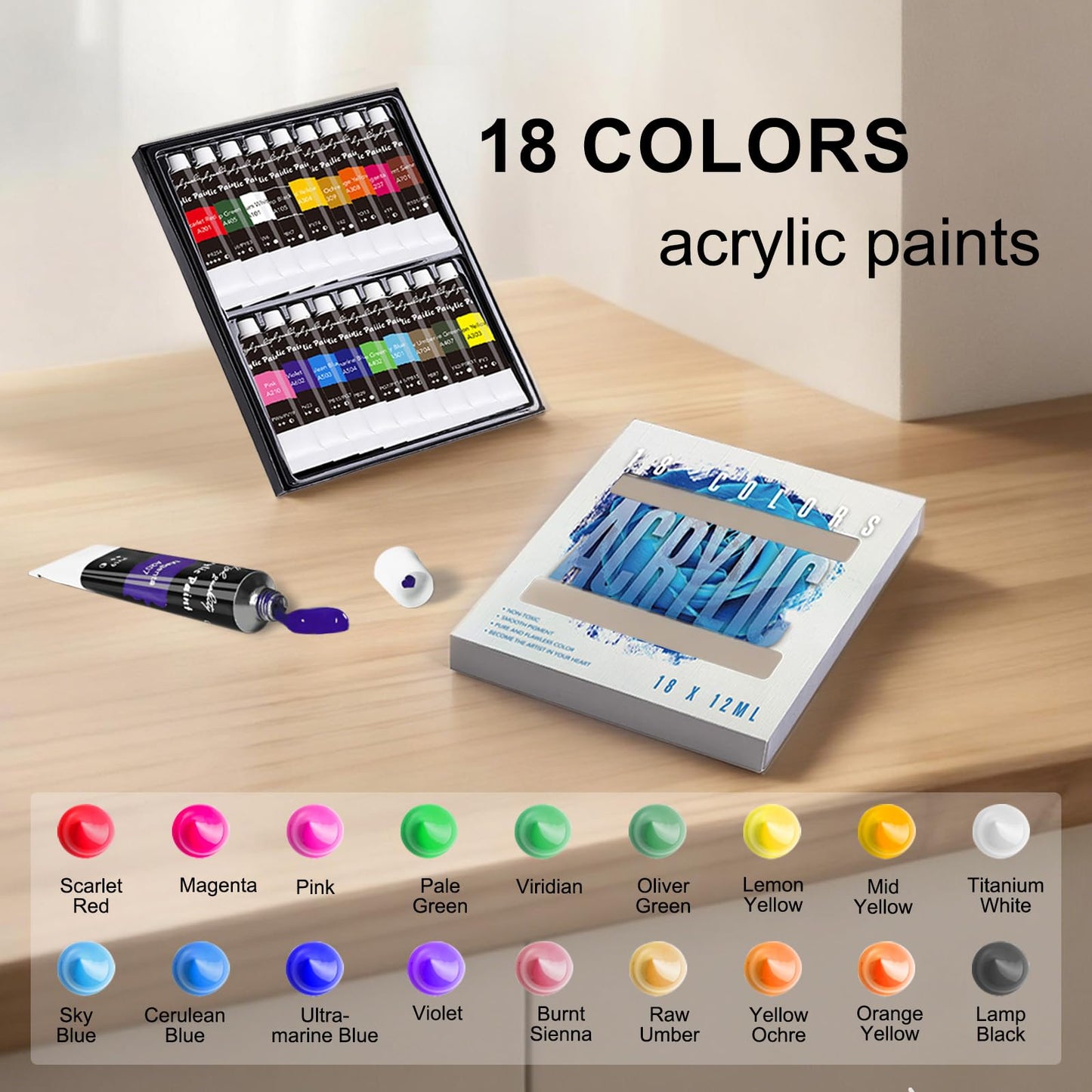 Whalsure Acrylic Paint Set for Kids & Adults, Art Painting Supplies Kit with 18 Acrylic Paints, Paint Brushes, Canvas, Easel