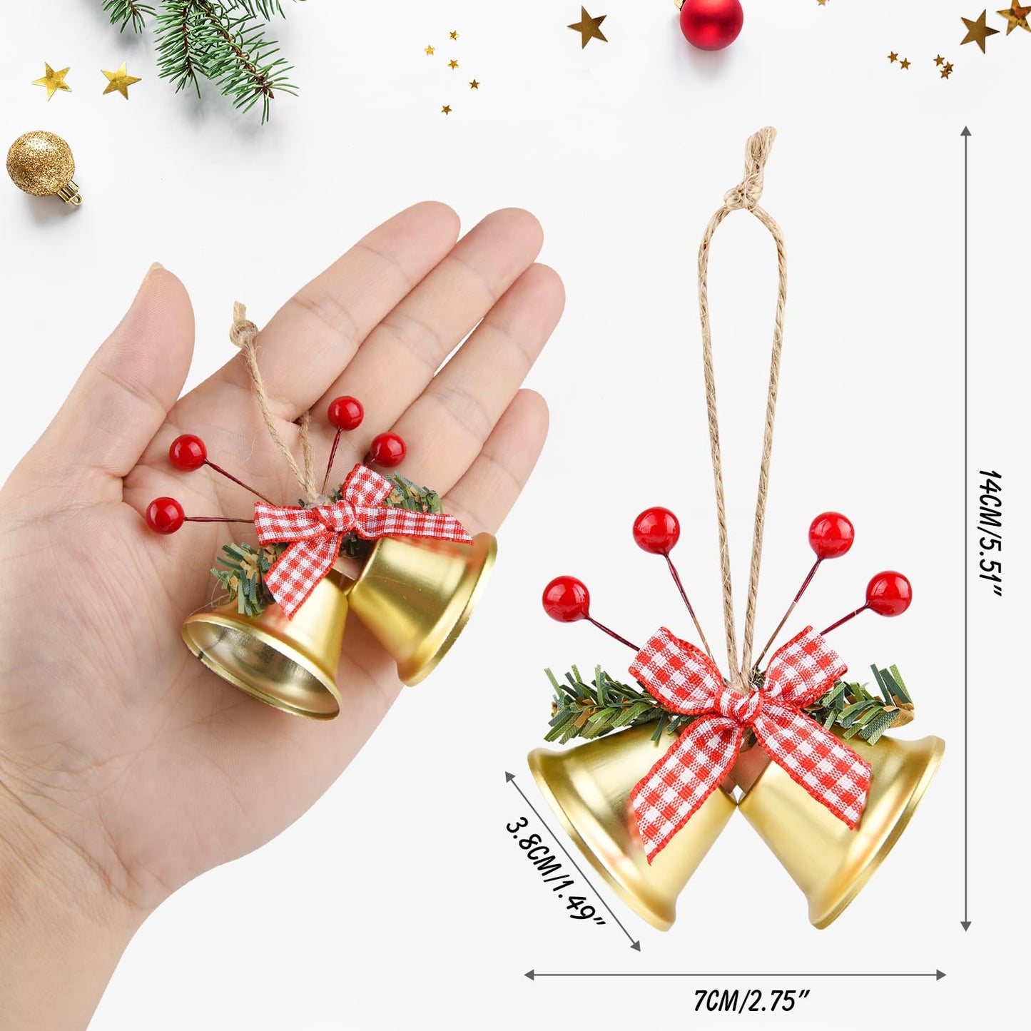 ASTARON 12 Pcs Christmas Bell Ornaments Xmas Tree Hanging Ornaments Jingle Bells with Holly Berries for Christmas Wreath Crafts Holiday Tree Decorations (Gold)