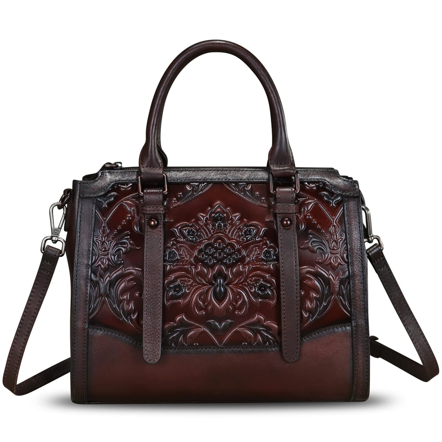 Genuine Leather Satchel for Women Embossed Leather Top Handle Bags Handmade Purse Vintage Crossbody Handbags Hobo Bag (Coffee)