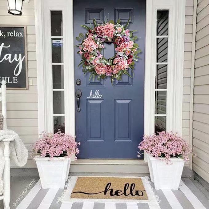 WANNA-CUL 24 Inch Spring Hydrangea Wreaths for Front Door,Spring Front Door Wreath with Rustic Pink Rose and Peony Flower for Wedding or Indoor&Outdoor Decoration
