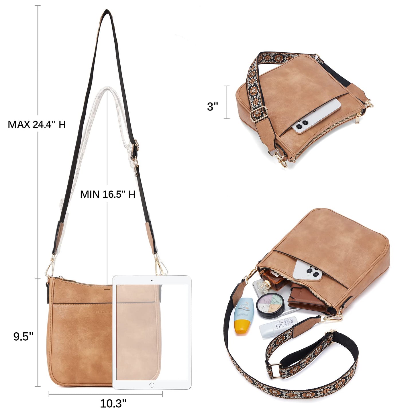 BOSTANTEN Crossbody Bags for Women Trendy Vegan Leather Hobo Purses Shoulder Handbags With Wide Shoulder Strap Camel Brown