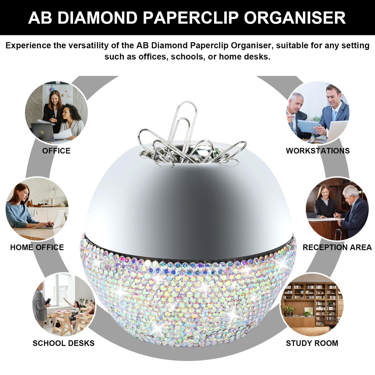 etspolt Rhinestone Paper Clip Holder, 100 Pcs 28mm(1.1") Paper Clips in Bling Sliver Round Magnetic Paper Clip Dispenser, Paperclip Holders for Desk Organizer (White)