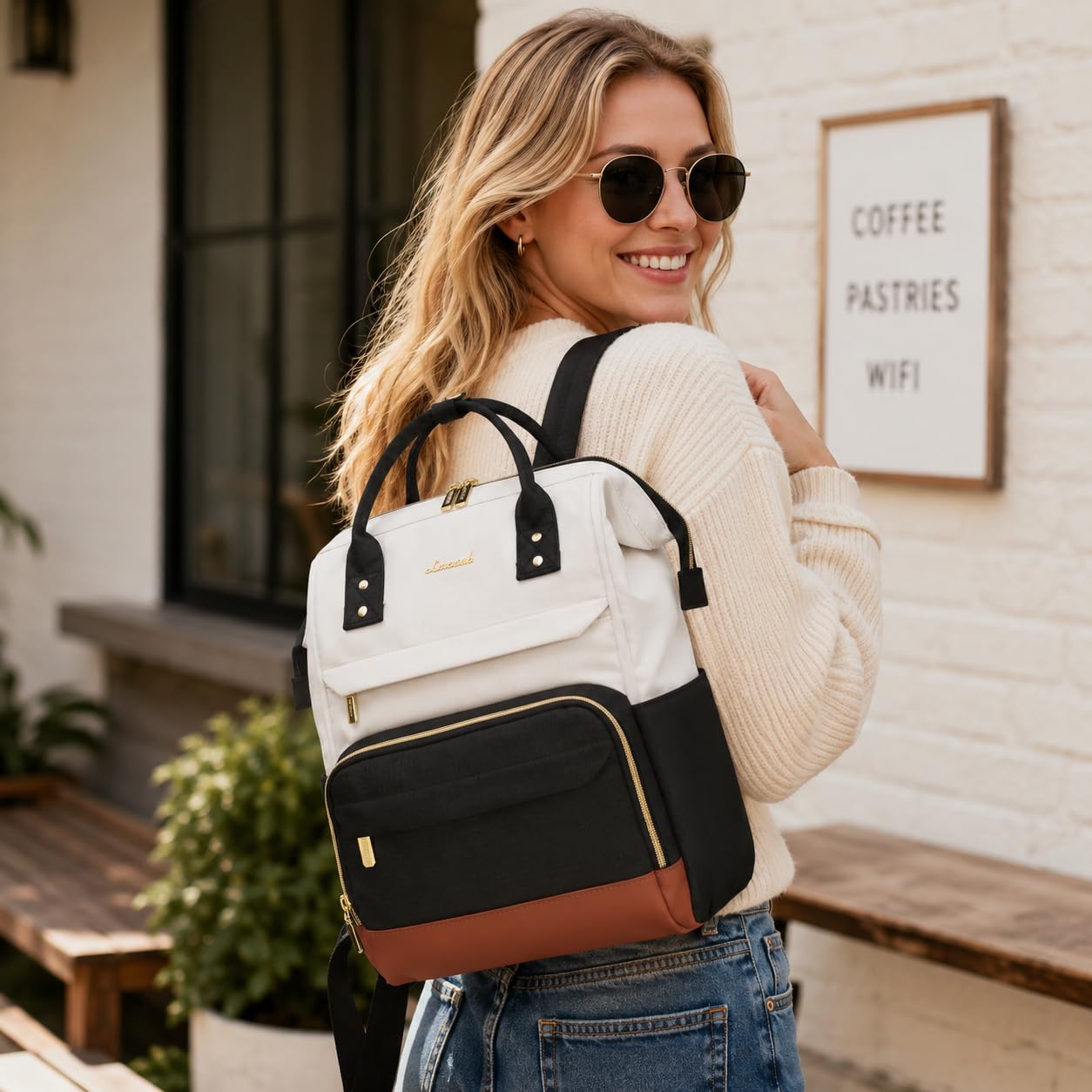 LOVEVOOK Mini Backpack for Women, Small Backpacks Purse, College Bookbag for School, Fashion Bag for Travel Work Gift, Lightweight Daypack, Beige-Black-Brown