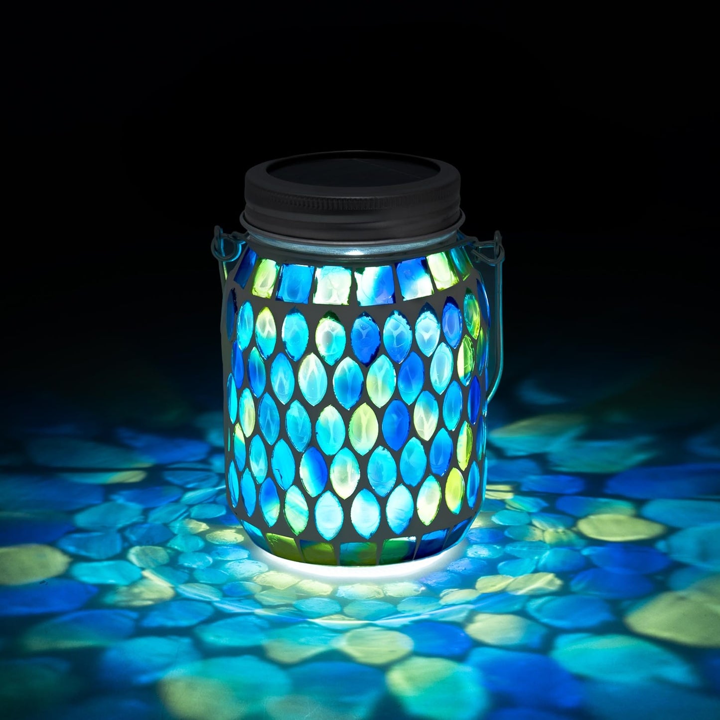 Rancco Blue Mosaic Solar Lantern Outdoor, Waterproof Hanging Solar Light, Glass Jar Style Mosaic Lamp for Garden Patio Decor, Solar-Powered Pathway Night Light, Unique Gifts for Women Mom Grandma