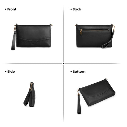 befen Genuine Leather Wristlet Wallets for Women Black Clutch Purse RFID Blocking Small Crossbody Bags Cell Phone Wallet Soft Leather Purse for Travel Women Shoulder Handbag with 2 Removable Straps