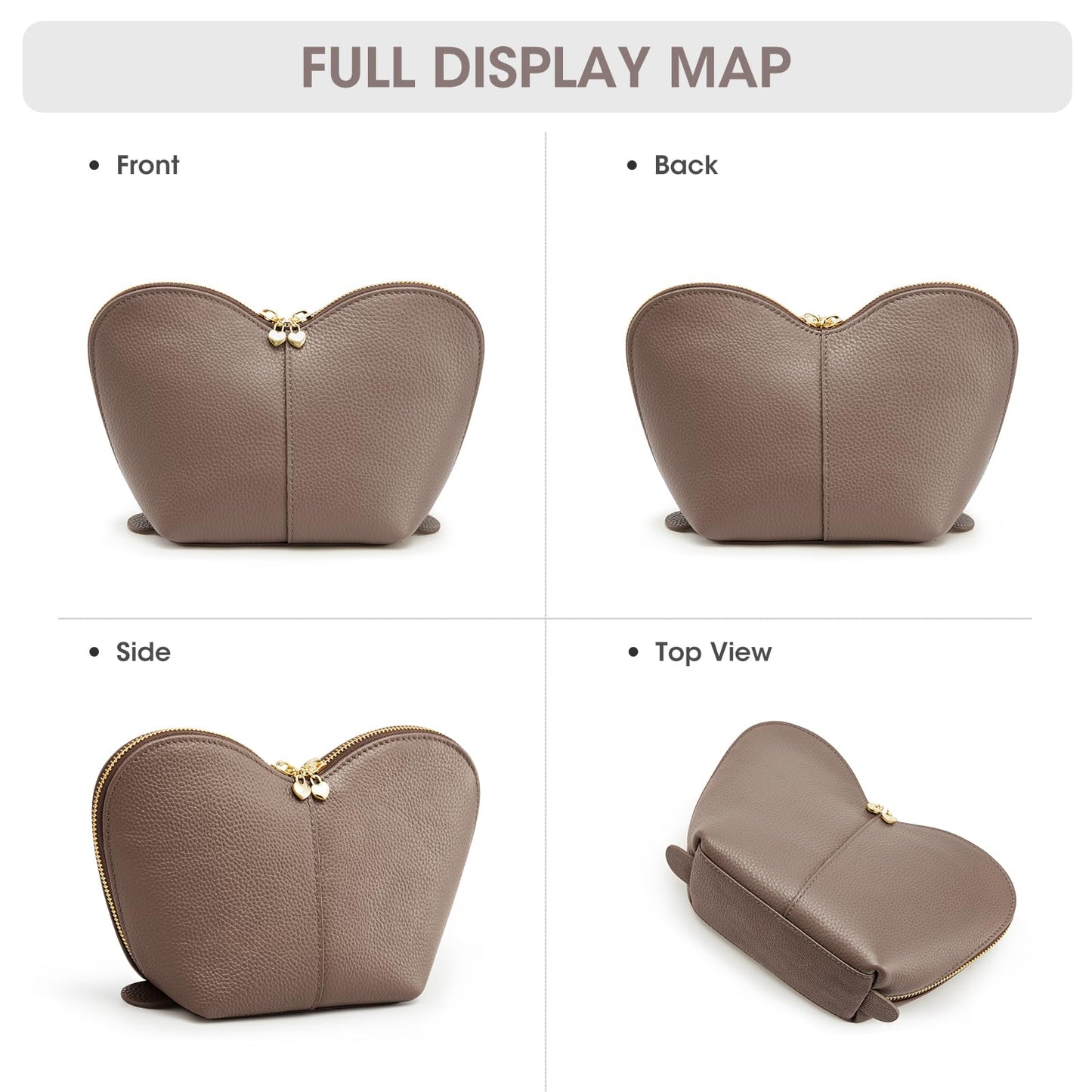 Kattee Leather Makeup Bag, Travel Large capacity Comestic Bag for Women, Heart Shaped Portable Organizer Toiletry Bag for Working,Khaki