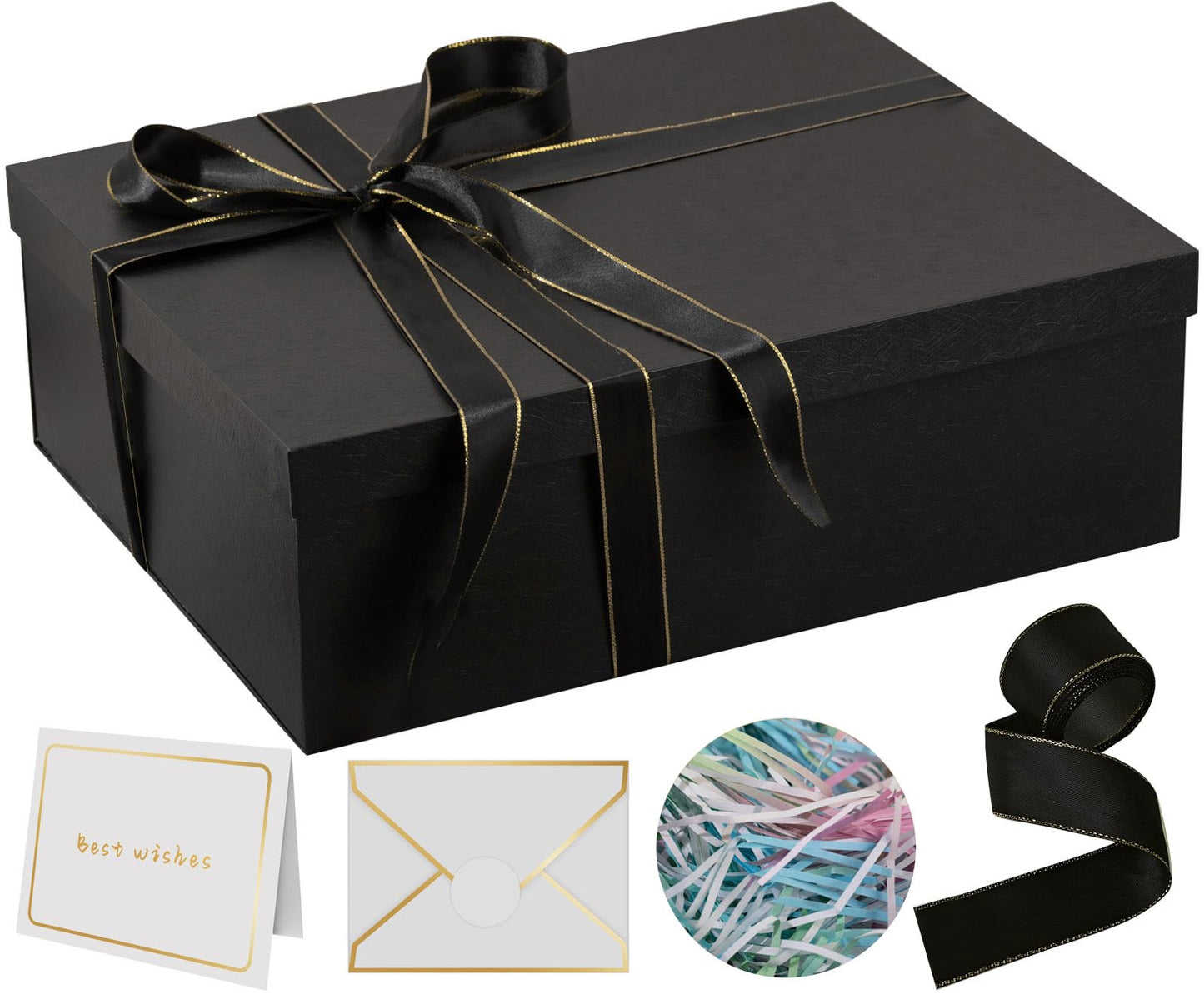 Rinrda Extra Large Gift Box 16.5x13x5.5 inches,Black Gift Boxes with Lids for Presents,Perfect for Birthday,Valentine's Day,Christmas,Anniversaries,Contains Card,Ribbon,Shredded Paper Filler.