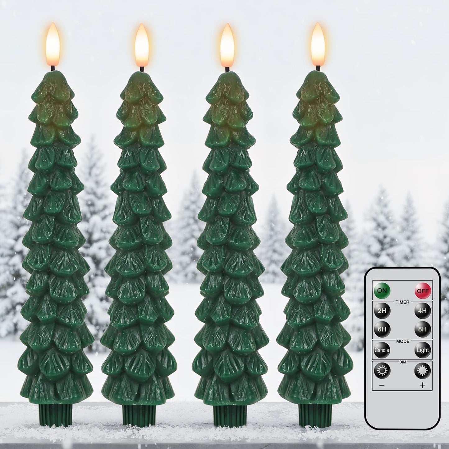 KunSwenn Christmas Tree Candles Battery Operated with Remote Timer, 4 Pcs Christmas Tree Flameless Taper Candles with 3D Flickering Flame, Green LED Tree Candlesticks for Christmas Home Winter Decor