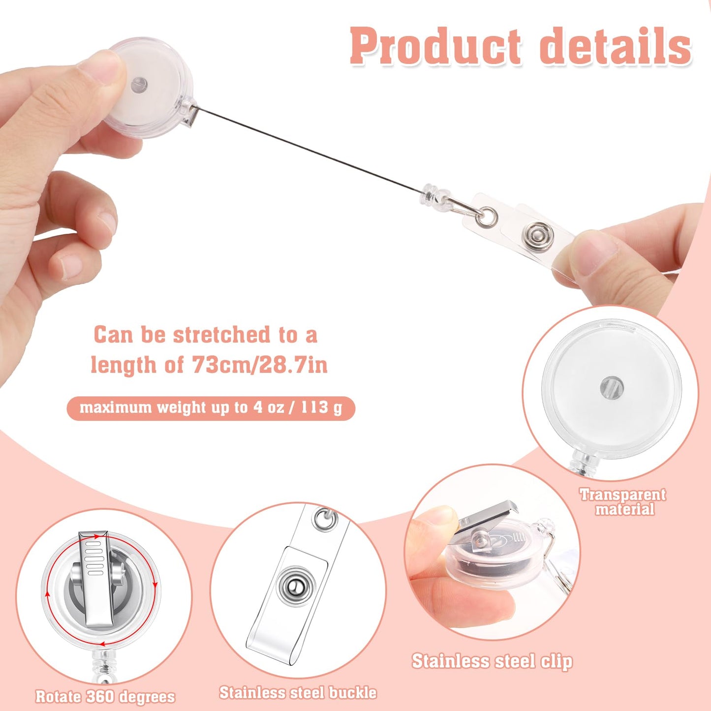 30 Pieces Retractable Badge Reels with Swivel Alligator Clip, Badge Reels Holder Badge Reel Clips for Nurse Teacher Office(Translucent Clear)