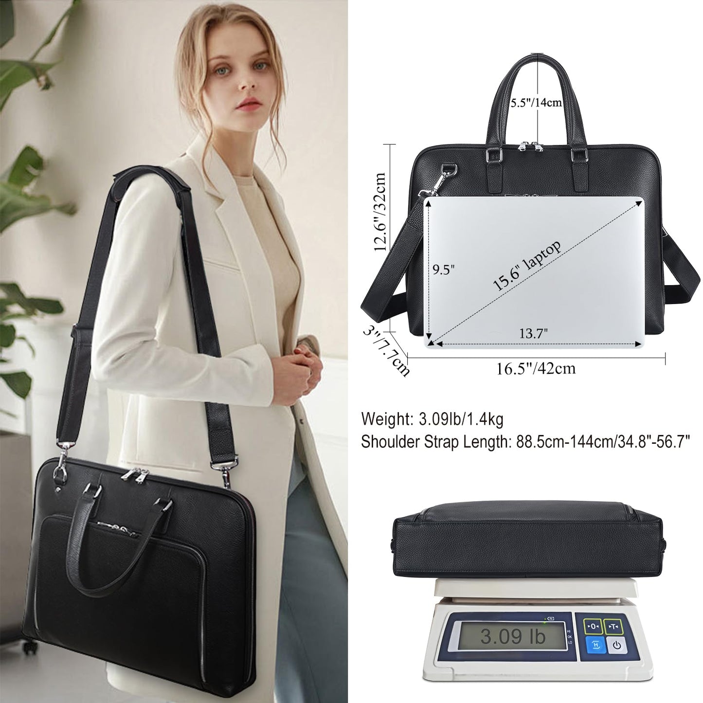 Masa Kawa Black Leather Slim Briefcase for Men Women Fits 15.6-16 Inch Laptop Professional Business Messenger Crossbody Shouder Bag Lawyer Ladies Office Work Brief Attche Case, Large