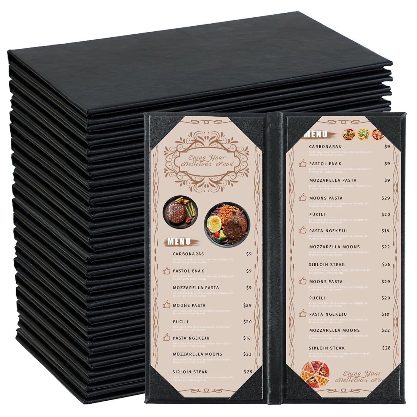 FLKQC 20 Pack Restaurant Menu Covers Holders 4.25" X 11", 2 Pack 2 View Synthetic Leather Menu Holder Covers Book Style with Angled Corners Black for Wine List, Morning Menu, Wine Menu (20, 2 Page)