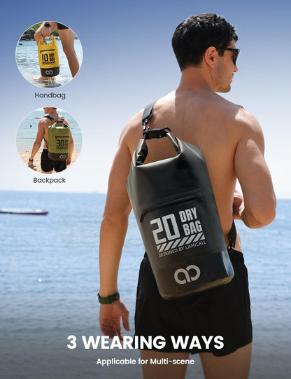 Lamicall Waterproof Dry Bag with Phone Pouch - 5L/10L/20L/30L/40L Floating Roll Top Backpack for Kayaking Boating Beach Camping Fishing - Heavy Duty 500D PVC Marine Dry Sack for Men, Women, Black 10L