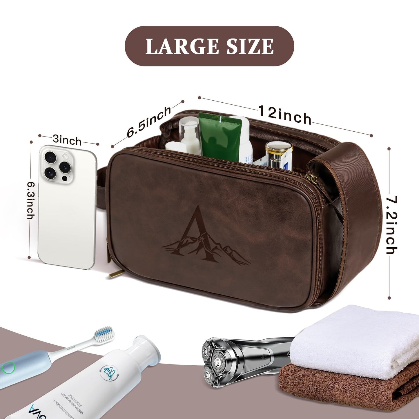 Janhavi Leather Toiletry Bag for Men, Personalized Laser Engraved Initials & Mountain, Toiletry Bag For Shower Caddy, Cruise Ship Essentials, Groomsmen Gifts, Men's Accessories (Dark Brown E)