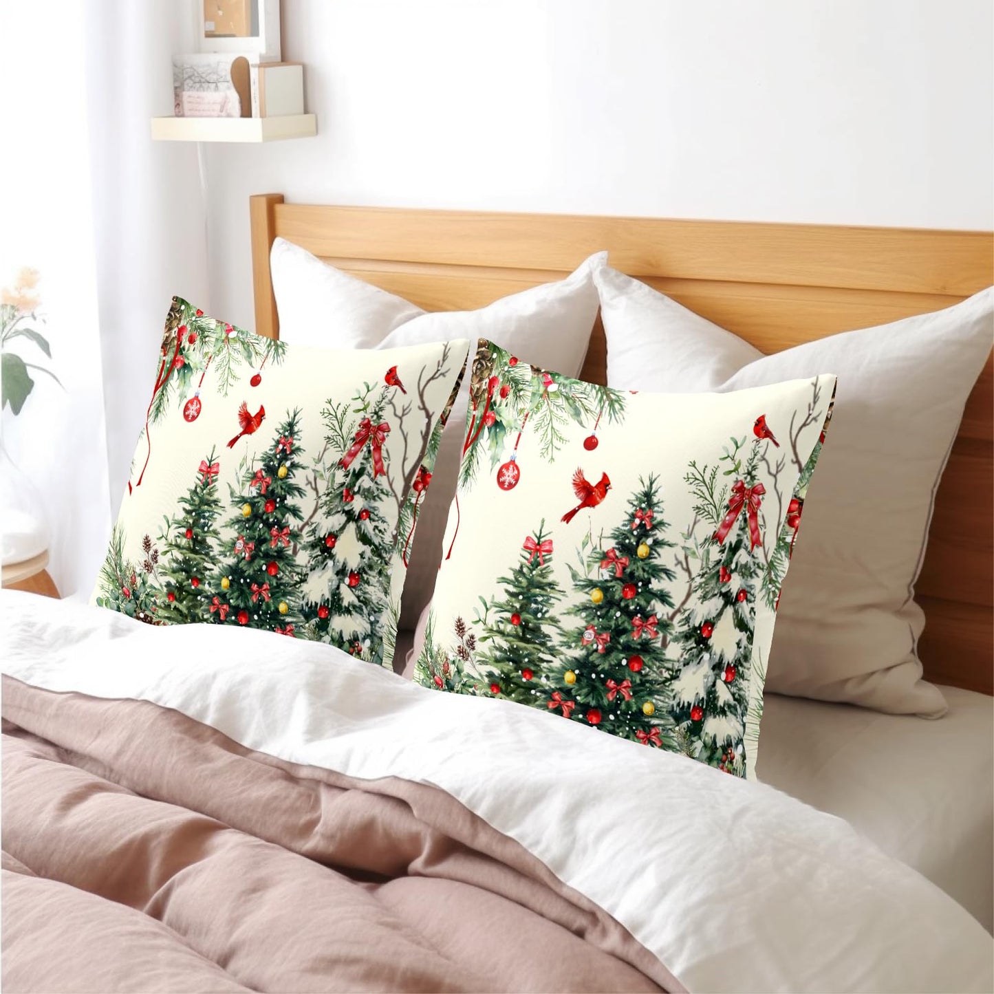 Christmas Pillow Covers 24x24 Inch Set of 2 Rustic Christmas Tree Decorative Outdoor Throw Pillows Winter Green Square Cotton Linen Cushion Case for Sofa Bed Couch Indoor Home Christmas Decor