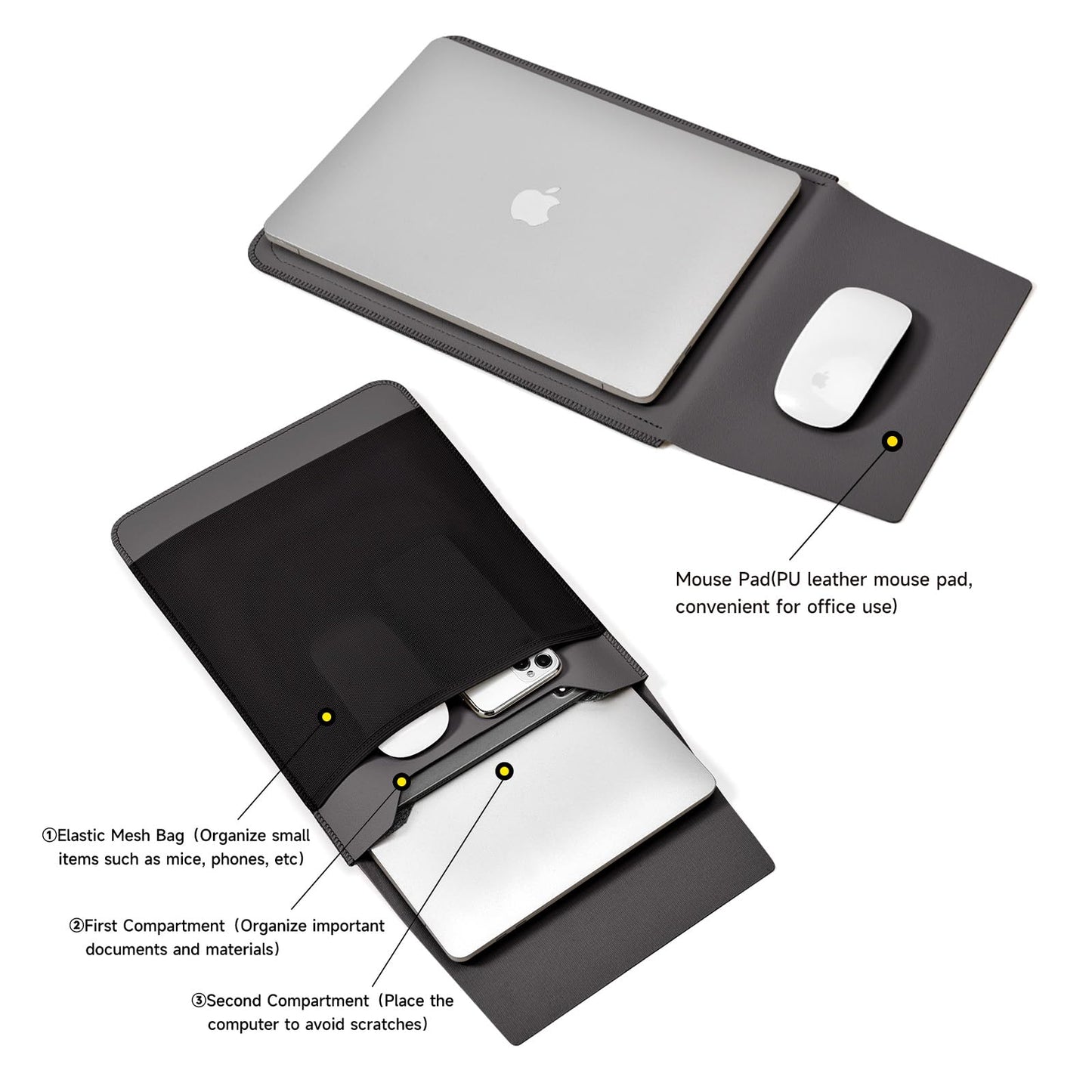Slim PU Leather 13 13.6 Inch Laptop Sleeve Protective Case with Mouse Pad for MacBook Air/Pro 13 M4/M3/M2/M1 HP Lenovo Dell Asus Samsung Briefcase Carrying Laptop Bag (Black&Gray, 13 inch)