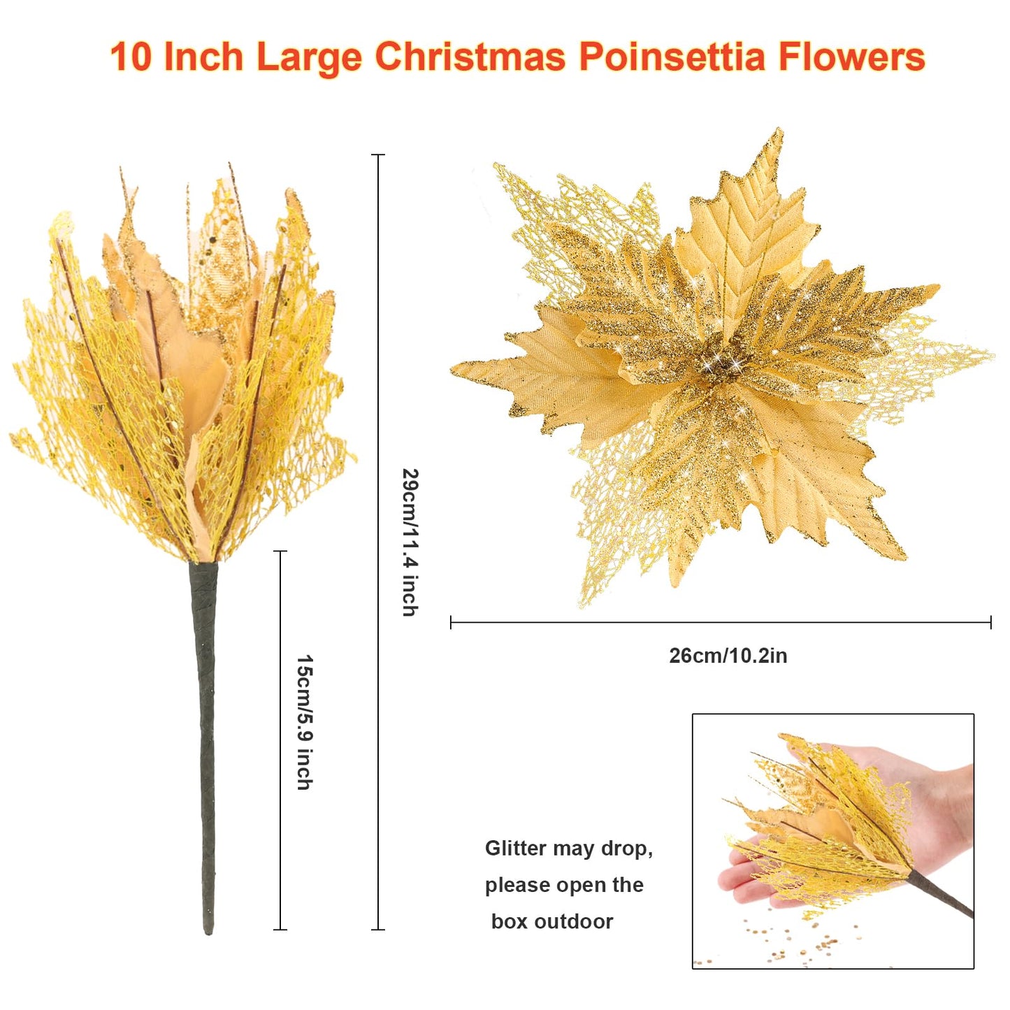 10'' Large Christmas Glitter Poinsettia Flowers Decorations, stadeco 10 Pcs Christmas Tree Picks Ornaments Artificial Flowers with Long Stems for Xmas Tree Wreath Garland Wedding Party DIY Decor