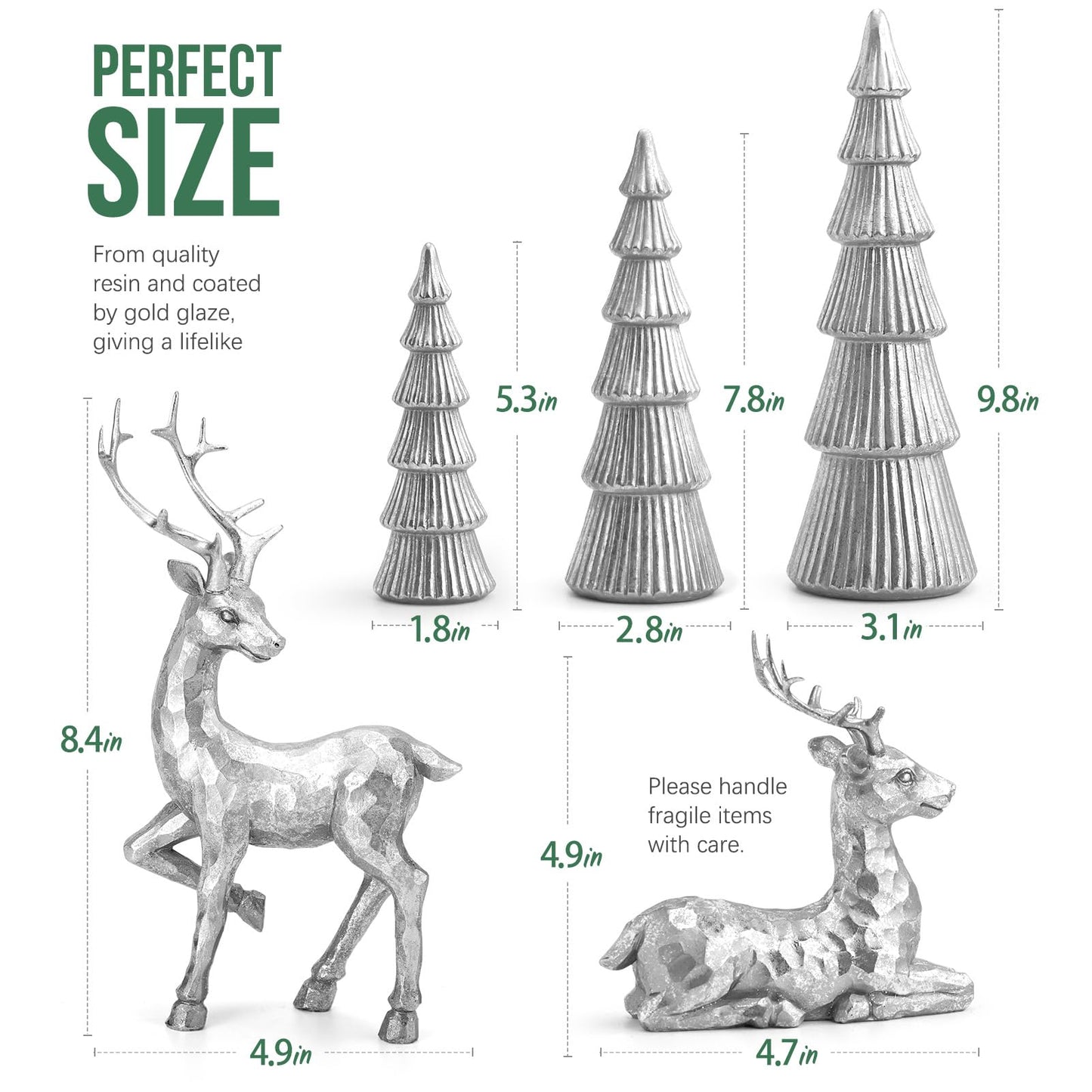 Hommtina Reindeer Christmas Decoration and Mini Christmas Trees,Christmas Reindeer Statues Lucky Reindeer Decor for Indoor Home Decor Tabletop Mantle Cabinet Desktop Office (Bright Silver)