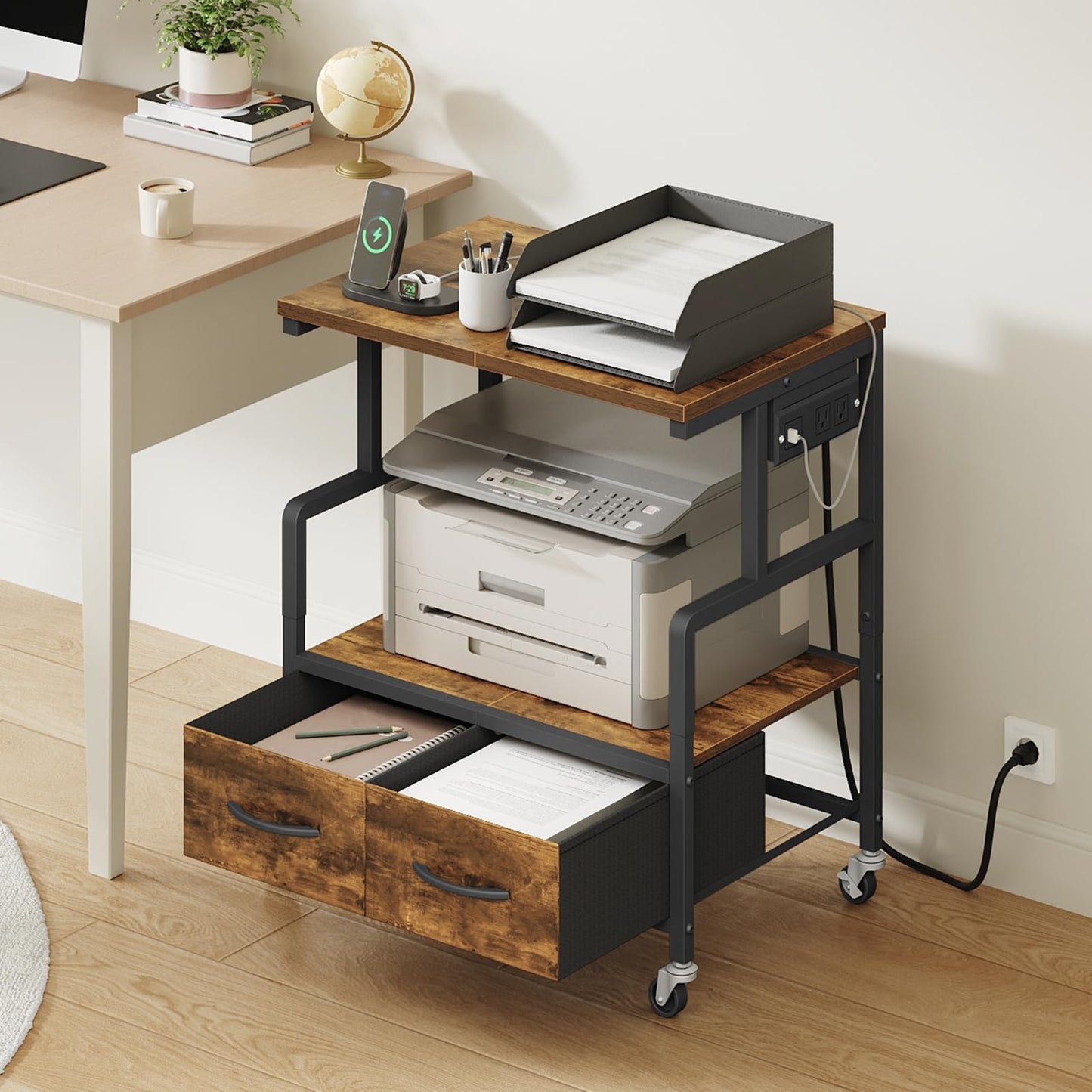 YATINEY Printer Stand, 3 Tier Printer Cart with Power Outlet and Fabric Drawers, Industrial Mobile Printer Table on Wheels, Printer Stand with Storage for Home Office, Study, Living Room PS03BR