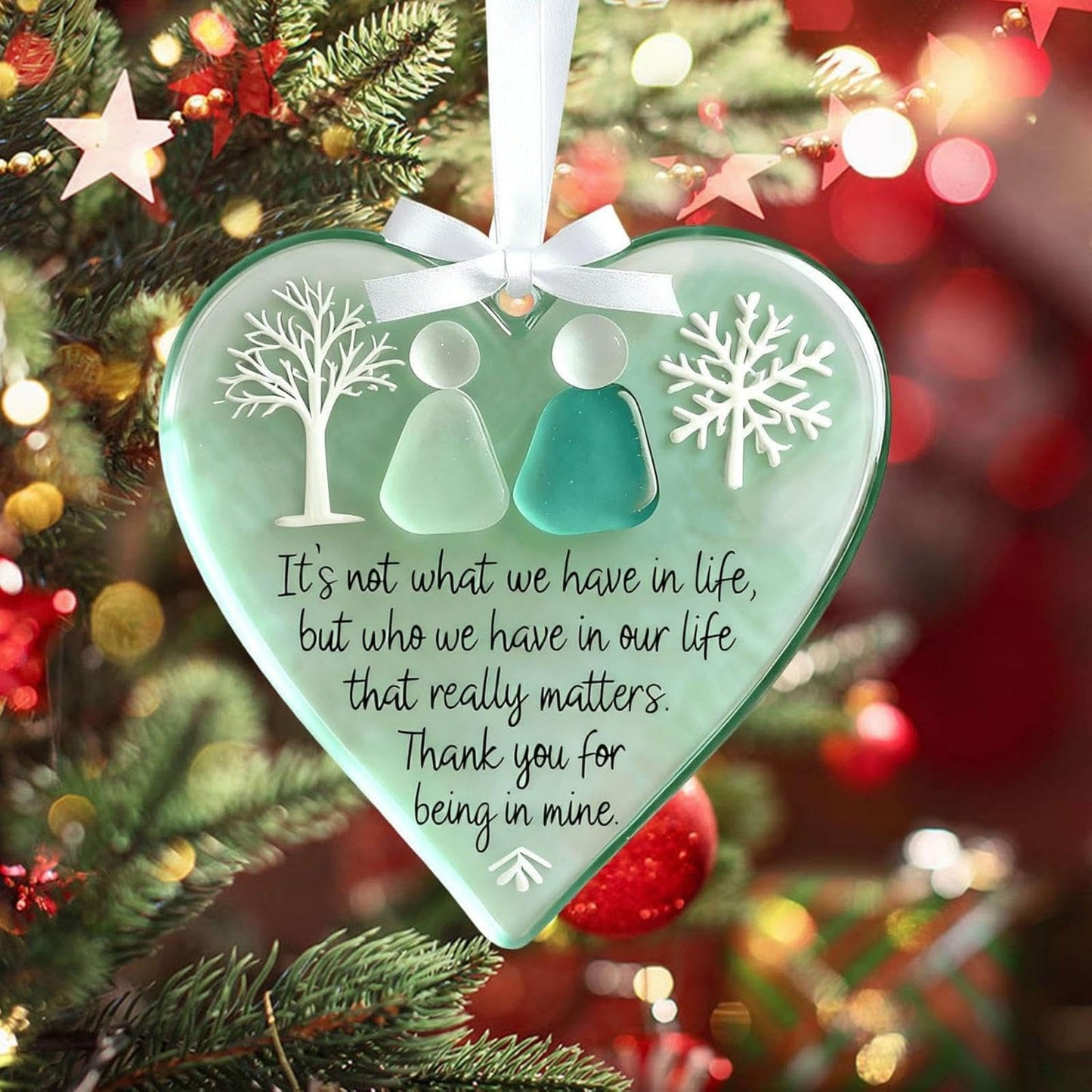 Friendship Snowflake Keepsake Ornament, Sea Glass Friendship Decor, Christmas Tree Seaglass Heart-Shaped Hanging Decorations for Best Friends, Friendsgiving Gifts for Bestie(2pcs B)
