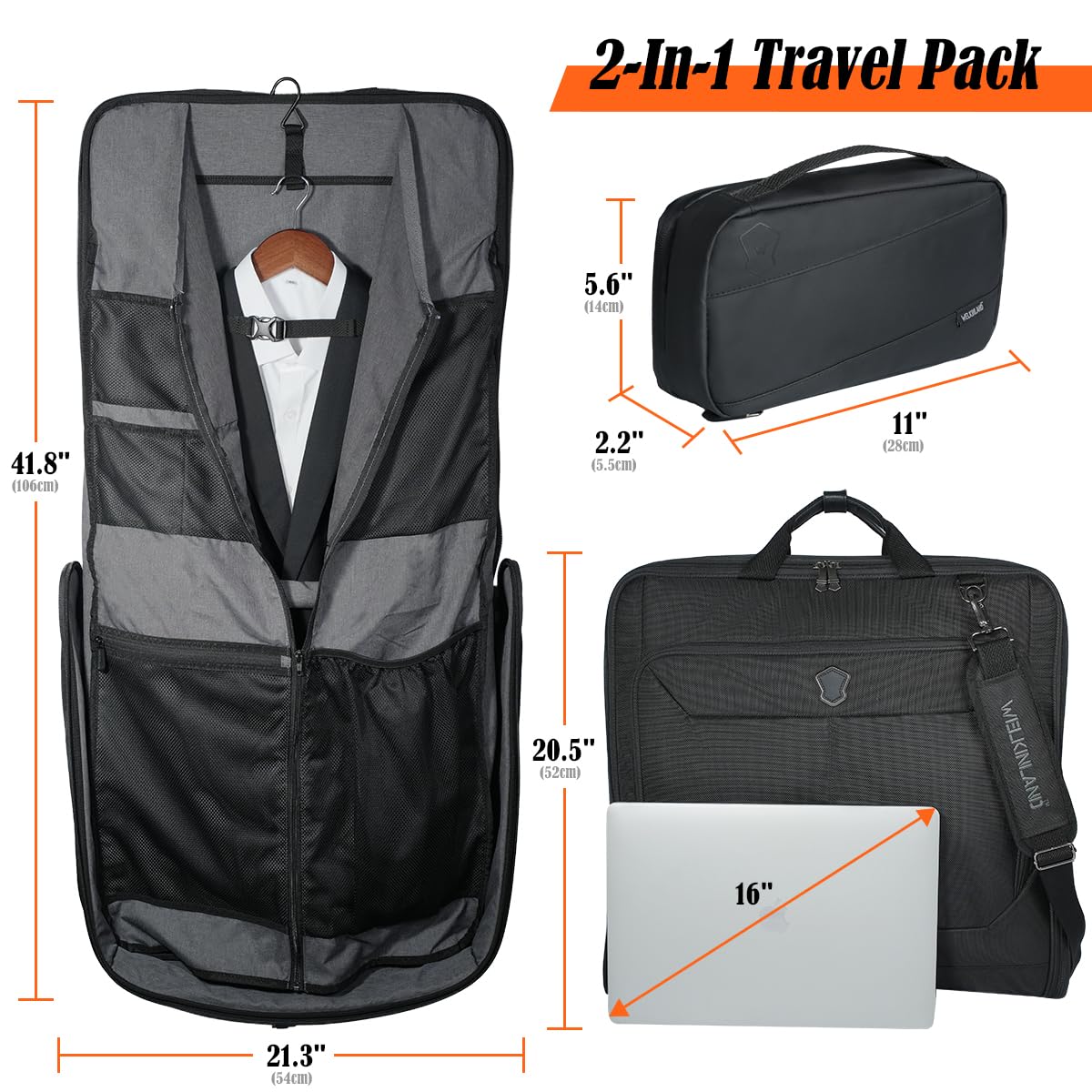 WELKINLAND 3-Suits Garment Bag for Travel with Toiletry Bag, 30L-Large Suit Carry On Garments Bag for Travels, 15-Pockets Suits Holder Travel Bags, Wrinkle-Free Suit and Dress Garment Bag for Travels
