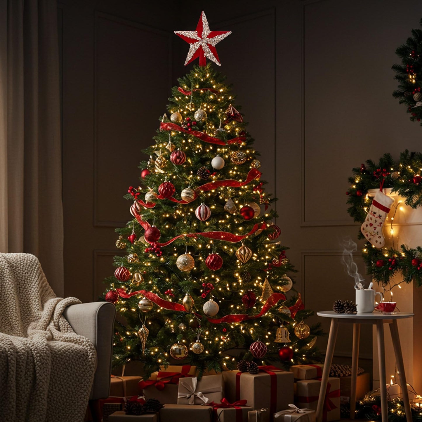 Soulchen 7.87 Inches Christmas Tree Topper Velvet Glitter Star Tree Topper Red Silver Holiday Bethlehem Star Ornament Decorative Christmas Decoration Xmas Gift Home Decor