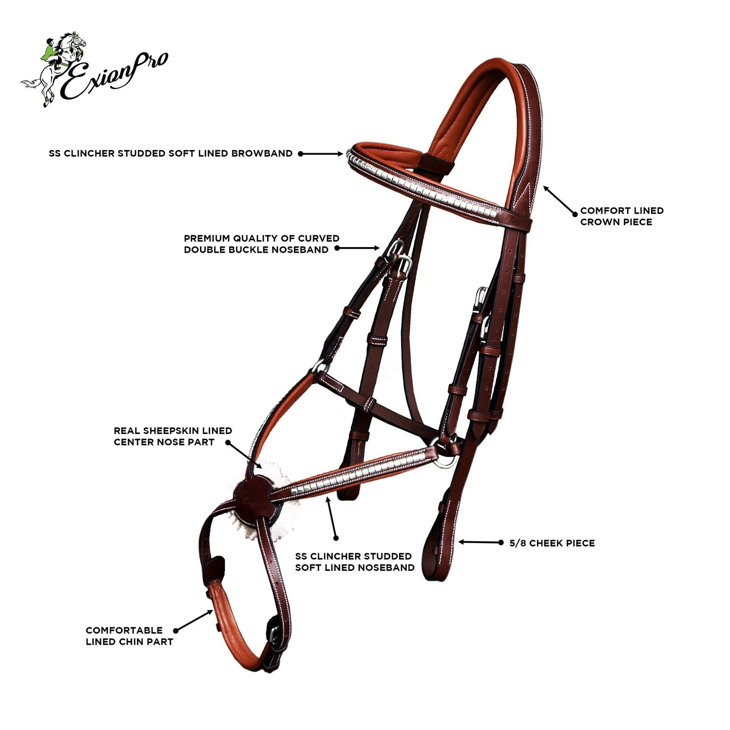 Exion Premium English Leather Figure 8 Bridle with Silver Clincher Noseband & Browband | Soft Padded Anatomical Crown Piece | Rubber Reins | Adjustable Fit | Jumping, Hunter, Eventing