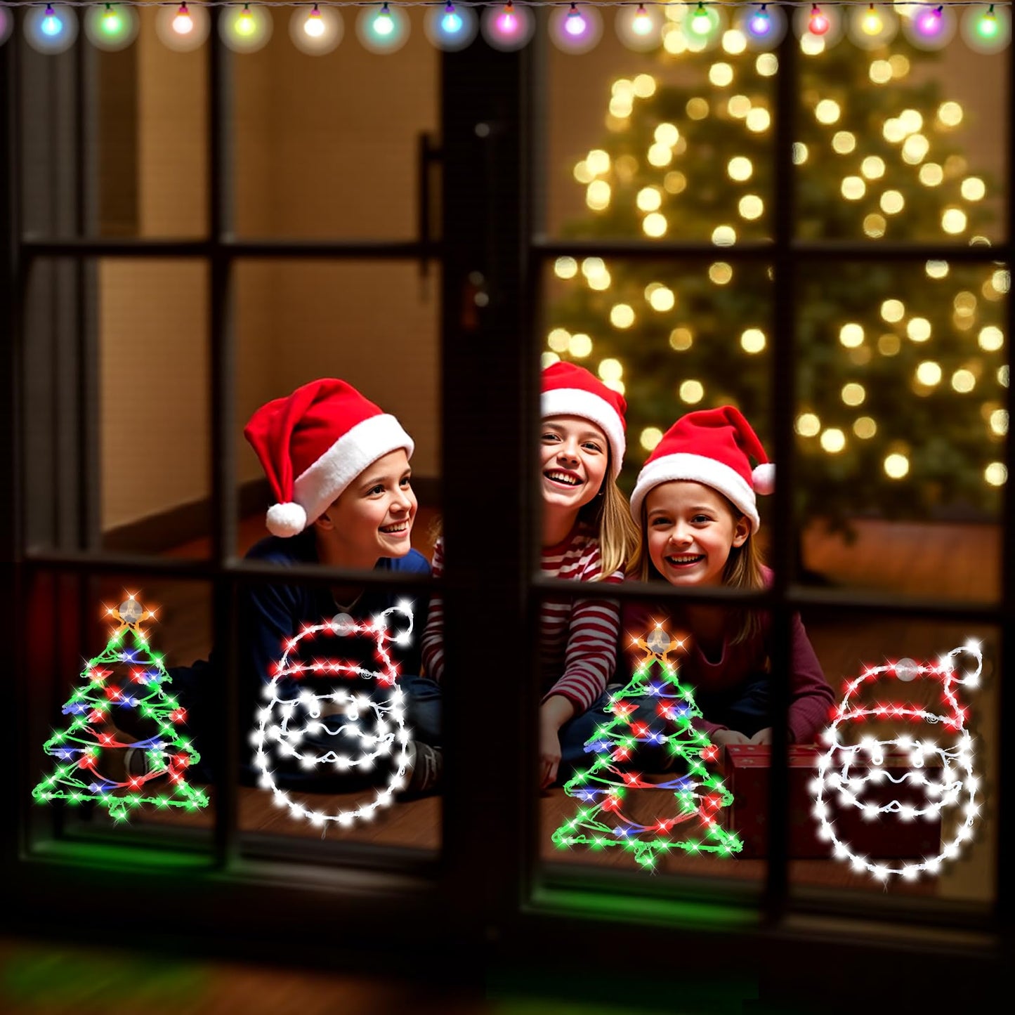 16" Christmas Window Silhouette LED Lights Decorations with Battery Powered, Pack of 2 Sign Lighted Santa Claus head and Christmas tree Christmas Window Lights with for Indoor Wall Door Glass Decor