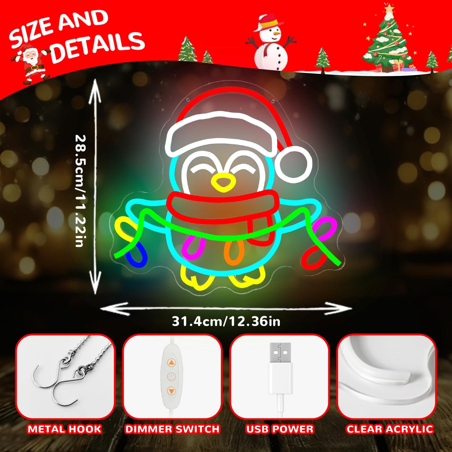 hhuohuona Christmas Penguin Neon Sign Dimmable Neon Christmas Signs Penguin With Lights Led Xmas Light Up Sign Winter Wall Art for Room Decor Penguins Lovers Gift