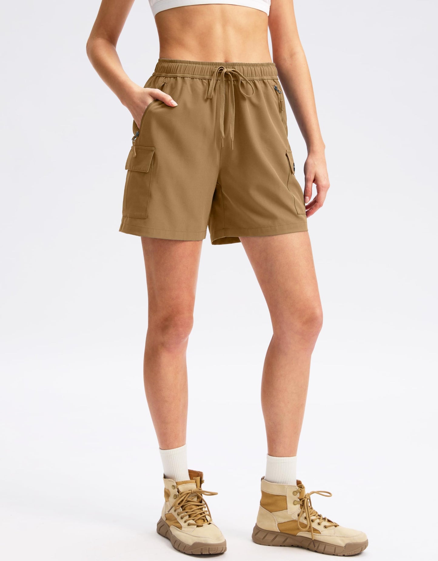 SANTINY Women's 5''/ 7''/9'' Hiking Cargo Shorts Quick Dry Lightweight Summer Shorts for Women Athletic Golf Zipper Pockets(Dark Khaki_M)
