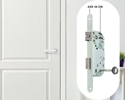 Yale Mortice Lock with Key, Axle 40mm, Chest 135mm - Certified NF Level 2 - Y75R-A40/B/SC - Reversible, Round Spigot - Interior Door, Bedroom, Office - White, Strike Plate and Key