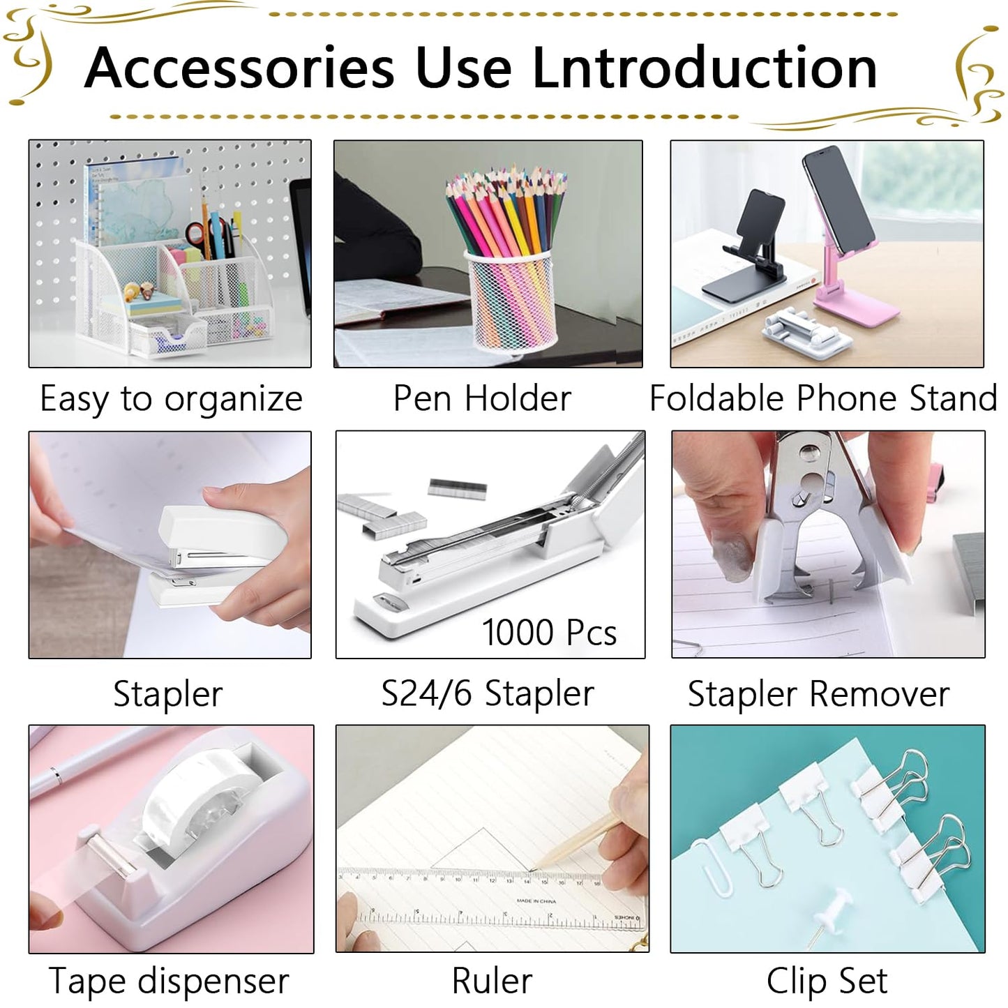 Office Supplies,Desk Accessories,Stapler and Tape Dispenser Set,1000 Staples,Staple Remover,Pen Holder,Folding Phone Holder,Journal Notebook,Ballpoint Pen,Scissor,Ruler,Clear Tape,Sticky Notes,Ect