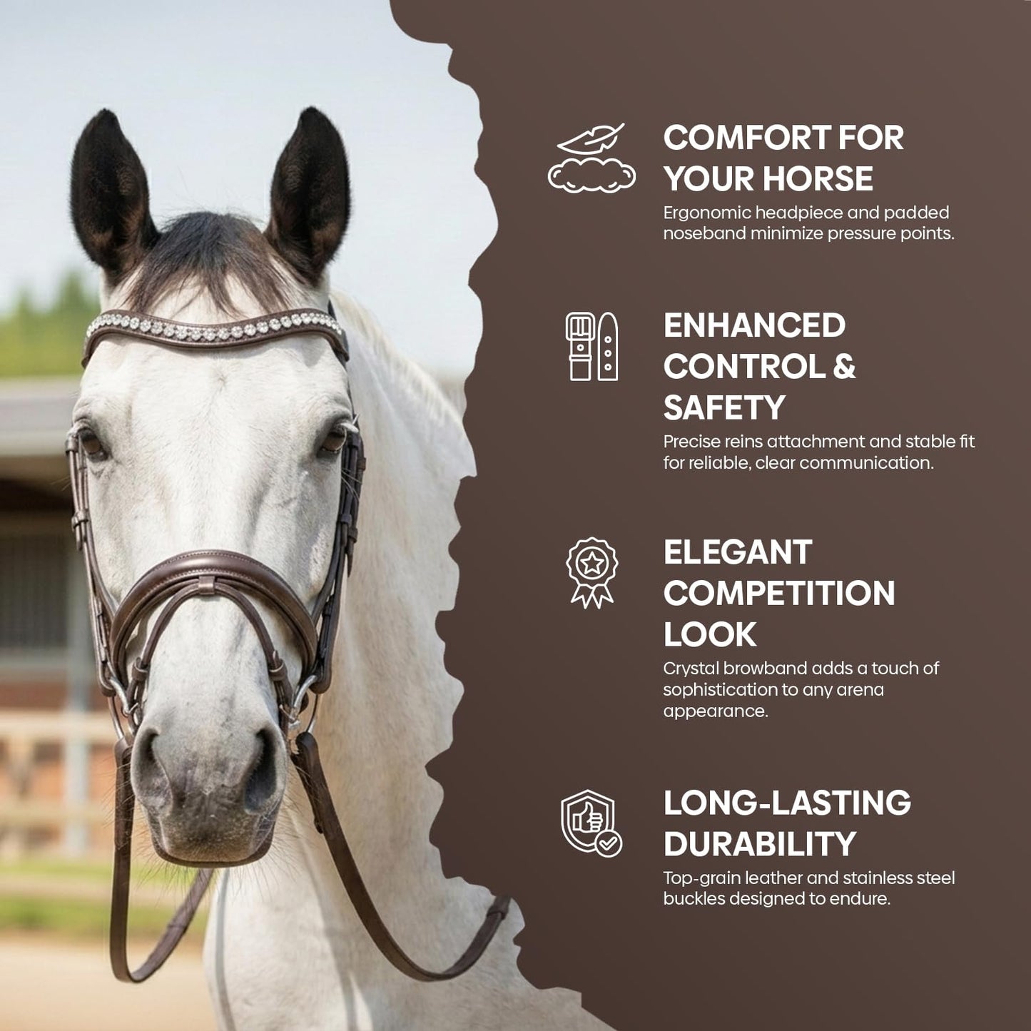 Equine Care Leather English Horse Bridle with Reins, Full Size Havana Brown, Raised Fancy-Stitched Hunter Show Bridle with Clear Crystal Browband, Padded Crownpiece, Stainless Steel Hardware