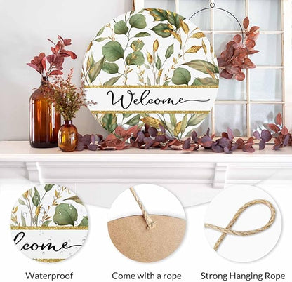 Welcome Sign for Front Door Decor Wreath Tropical Flowers Plants 12 Inch Farmhouse Wood Wall Hanging Outdoor Home Porch Decorations