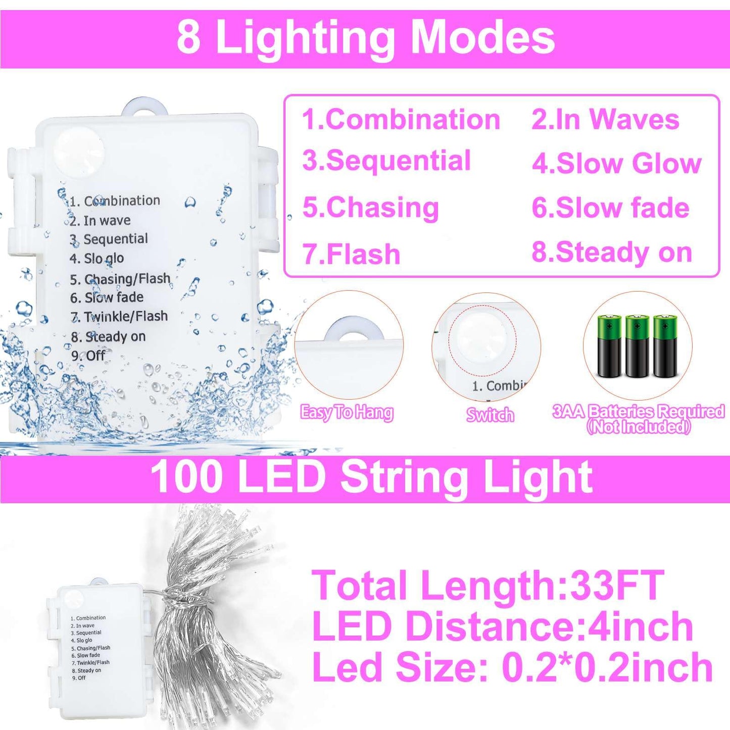 Timer & 8 Mode-33Ft 100LED Valentines Day Decorations Red Pink White Valentines Lights Battery Operated Waterproof Valentines String Lights Valentine Decor for Home Garden Wedding Party Outdoor Indoor