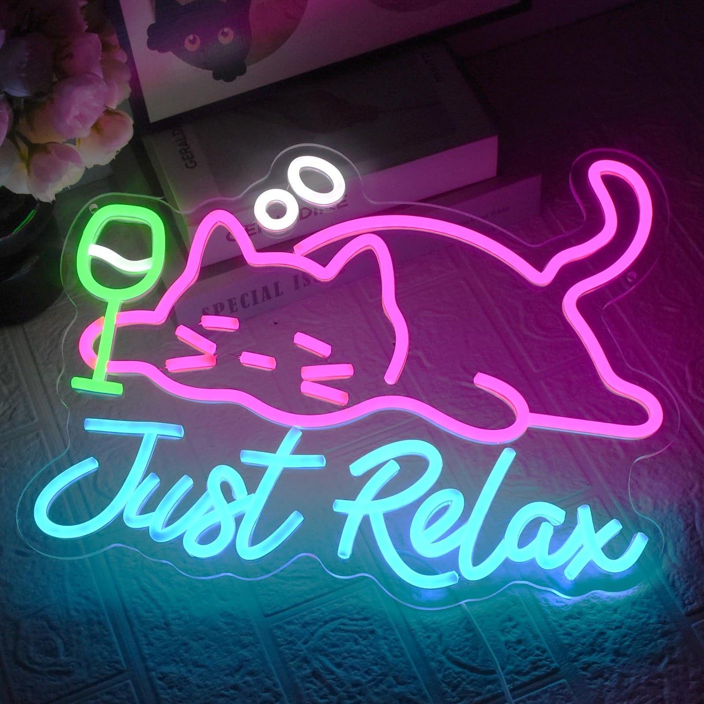UExnkj-Y Cat Beer Neon Sign, Just Relax Neon Signs for Wall Decor, USB Dimmable Pink Cat Bar Light Up Sign for Pet Lover Bedroom Bar Birthday Party Game Room Man Cave Home Decor