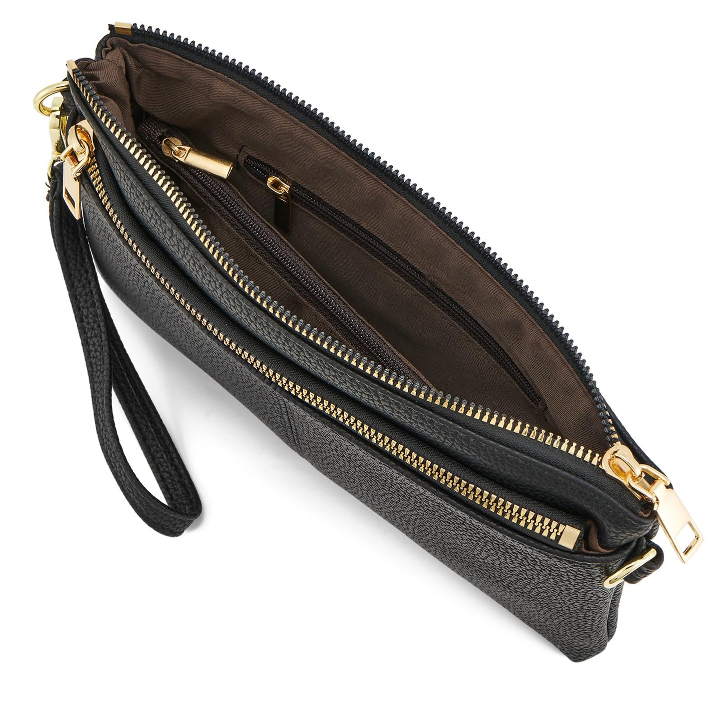 ZOOEASS Triple Zip Small Crossbody Bag Lightweight Purses Vegan Leather Wristlet Clutch, Includes Adjustable Shoulder (Black)