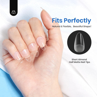 Beetles Gel Nail Kit Short Almond, 240Pcs Easy Nail Extension Set Shaped Clear Tips with 5 in 1 Nail Glue Base & Top Coat and Mini UV Lamp, Nail Tips Art Acrylic Nail Kit Gifts for Women