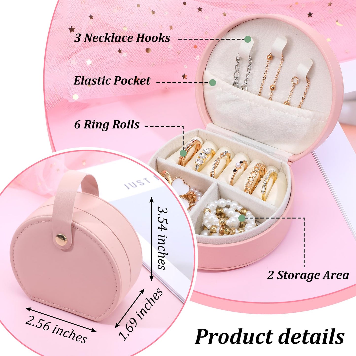 10 Pack Travel Jewelry Case Mini Leather Bridesmaid Jewelry Gift Box Bulk, Half Moon Design, Detachable Handle, Small Earring Storage Organizer for Women Girls Bridesmaid Proposal Gifts(Pink)