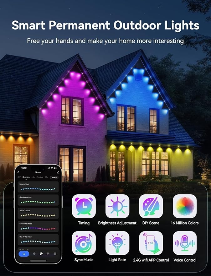Permanent Outdoor Lights, 200ft Smart IC+RGB Outdoor Christmas Lights with 144 LED, IP67 Waterproof LED Eaves Lighting with DIY Scene Modes for Halloween Holiday Decor, Work with App Remote, Alexa